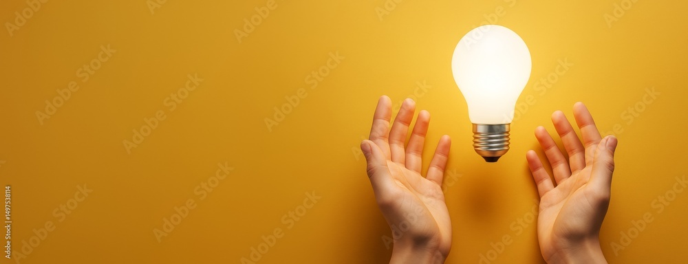 Poster hands reaching toward glowing light bulb on yellow background, symbolizing creativity and innovation