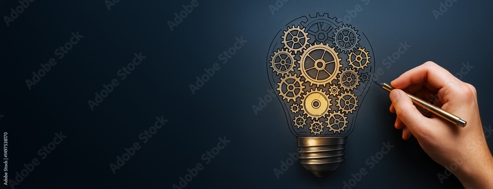 Poster innovative concept of mechanical lightbulb with golden gears being drawn by hand on dark clean backg