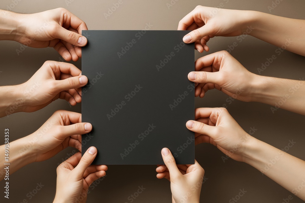 Poster multiple hands holding a blank black square sheet on neutral background, perfect for business mockup