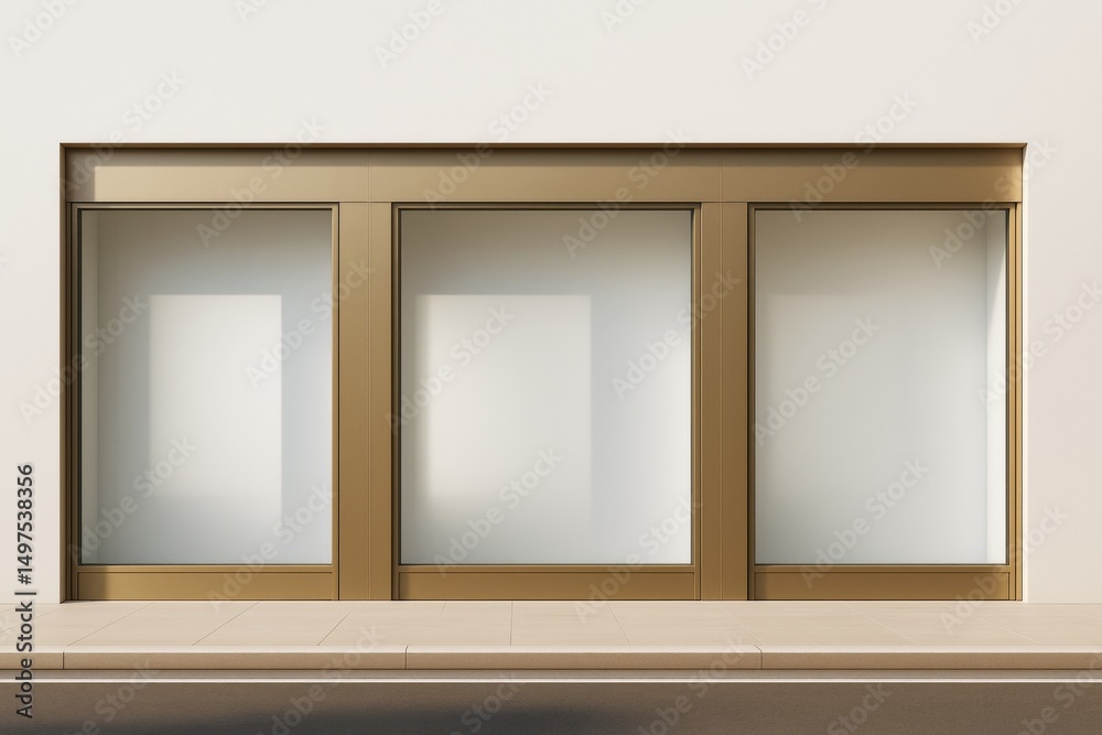 Poster empty storefront with golden frame and frosted glass windows on clean sidewalk, perfect for poster m