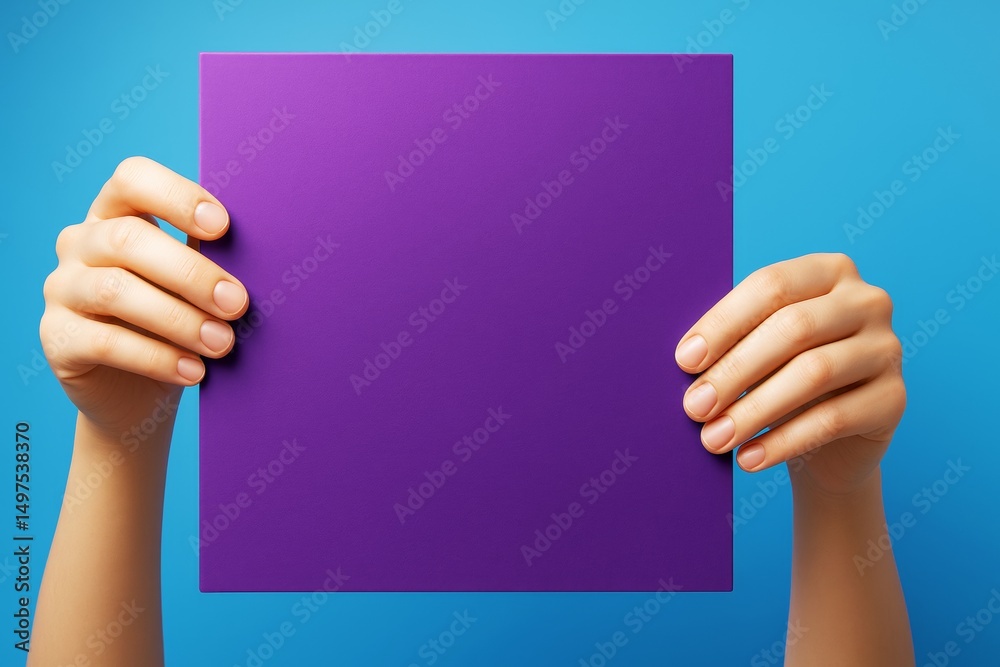 Poster hands holding blank purple square with clean copyspace on light blue background for creative busines