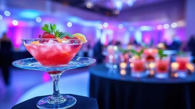Elegant red cocktail at upscale party event with ambient lighting, concept of celebration, luxury catering, and festive nightlife