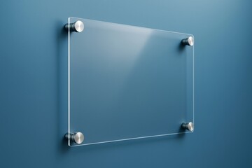 Transparent glass sign mockup mounted on blue wall with metallic holders for business promotion or branding template concept design background.