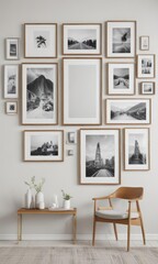 Stylish gallery wall mockup with diverse frames on white background ,  wall decor,  interior design,  eclectic
