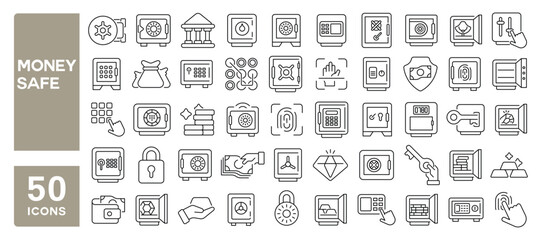 Set of 50 line icons related to money safe, vault, secure, savings, money storage, metal safe, Editable stroke. Vector illustration