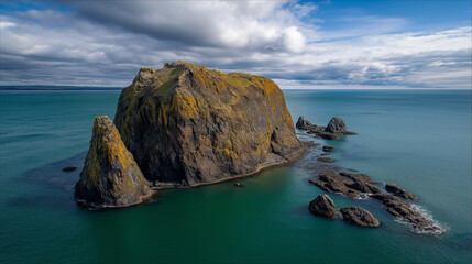 Isolated rock formation juts out into a body of water. The cliff is mostly dark brownish-gray rock, with patches of yellowish-gold lichen or mineral deposits