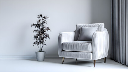Fototapeta premium Contemporary grey interior space with modern white velvet armchair clean walls and neat styling isolated on white background ideal for design mockup home inspiration or catalog 01