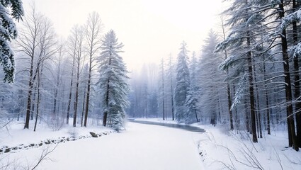 Obraz premium Winter wonderland frozen river snow covered trees