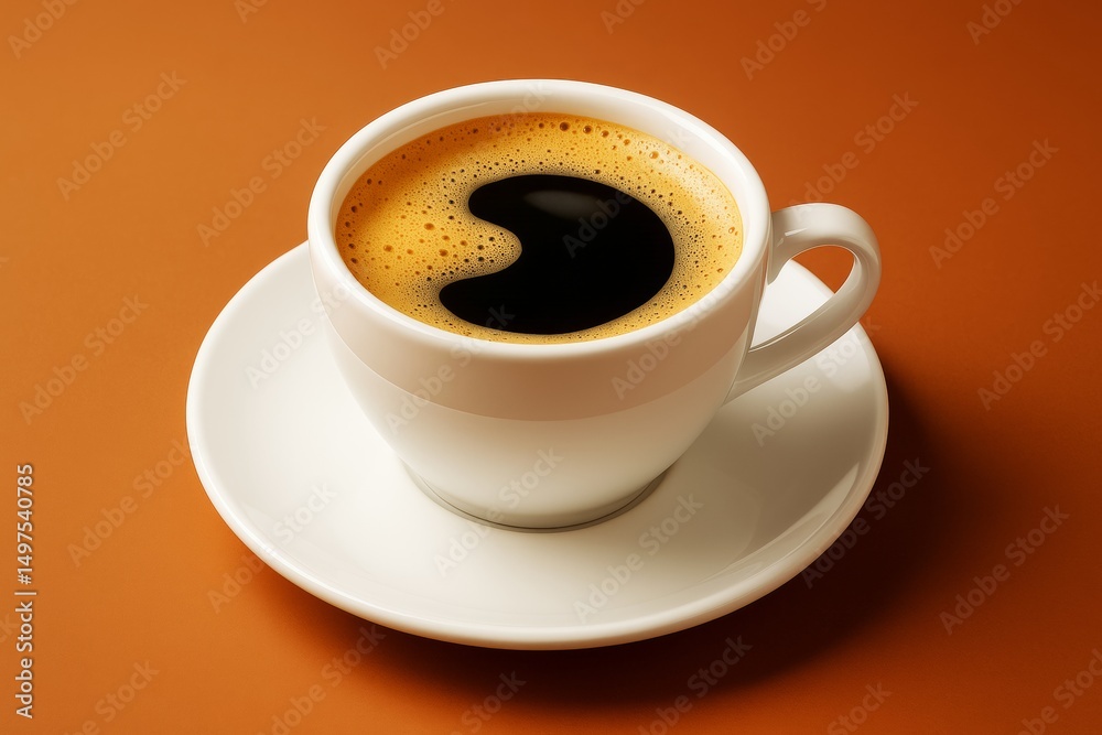 Poster white cup of espresso with creative foam shape on orange background, showcasing artistic drink prese