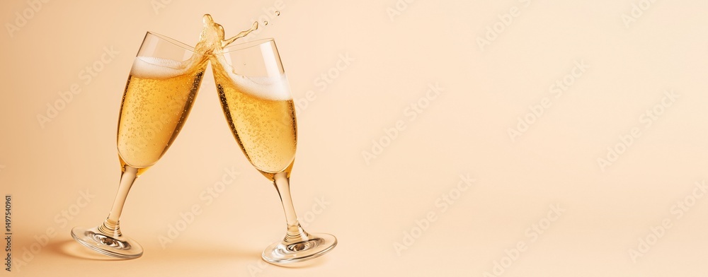 Aufkleber two champagne glasses clinking with splash on light beige background with copy space for celebration