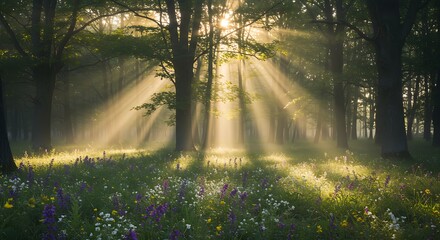 Sunbeams illuminate a serene forest meadow