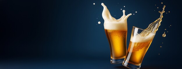 Two beer glasses clinking with dynamic splashes and foam against a dark blue background with copyspace on the left for design or advertising template.