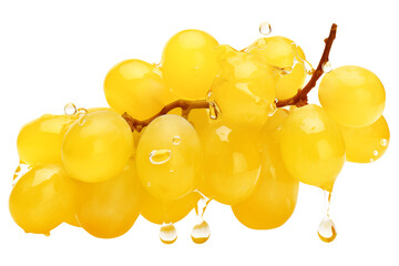 Juicy yellow grapes in levitation, concept of freshness and vitamins, isolated on transparent background.