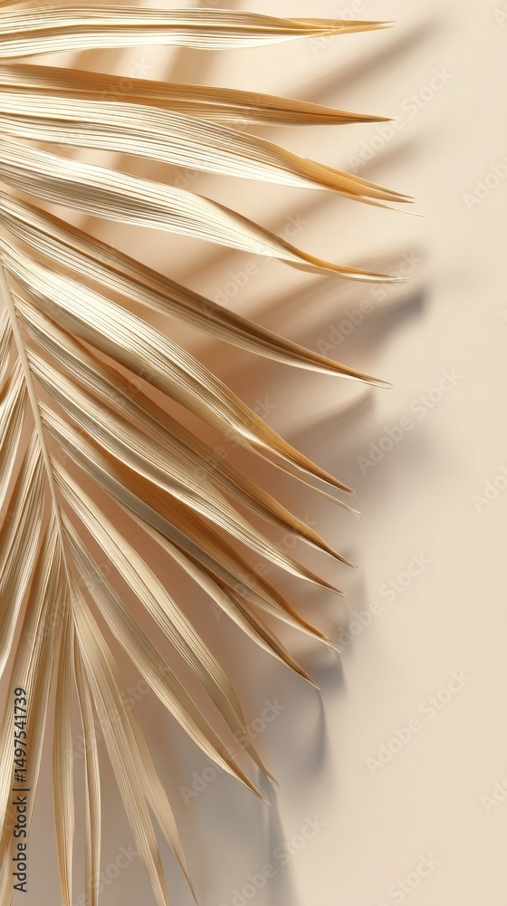 Poster a palm leaf rests elegantly on a beige minimal background, showcasing its delicate features and shad