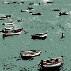 illustration of fishing boats over the sea