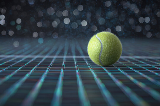 Tennis ball on digital grid with bokeh lights in background - Powered by Adobe