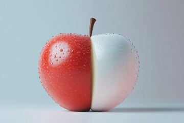 Divided apple, red and white halves, wet