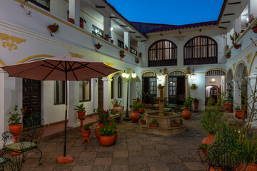 Interior patio colonial architecture at night, Sucre, Bolivia.