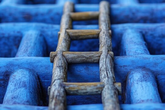 Rustic wooden ladder leans against textured blue surface, close up. Use for concepts of steps, process, or growth with a unique visual.