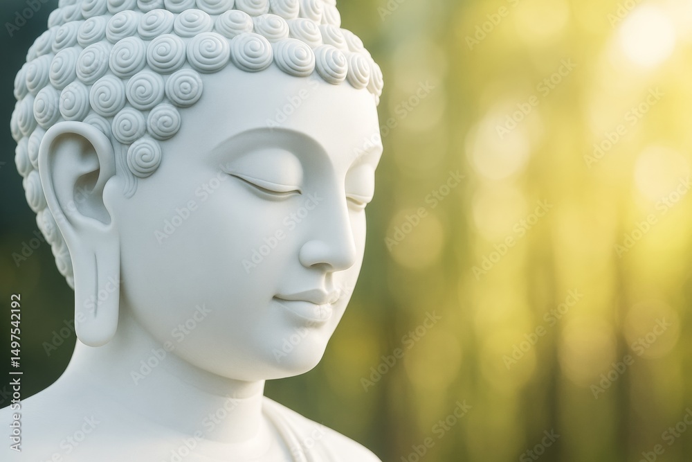 Poster White Buddha statue in peaceful expression with soft abstract golden light background in tranquil nature scene, calming spiritual symbolism focus.