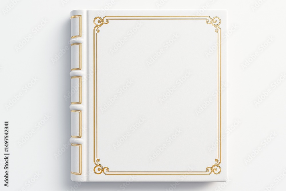 Poster elegant white book with gold embossed vintage frame on cover and spine placed on clean white backgro