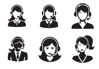 Fototapeta premium Call center woman Icon Set, Call center woman Silhouette Black Vector White Background
