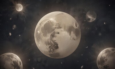 Fototapeta premium Aged paper texture, celestial bodies, moon phases, scattered stars, cosmic dust , design element, celestial, graphic design