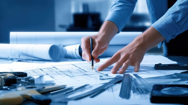 blueprint spread open with tools around, carpenter pointing at section