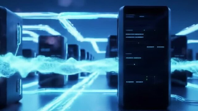An engaging display of vibrant blue streams symbolizing data transmission as they navigate a modern server environment, showcasing advanced technology in motion.