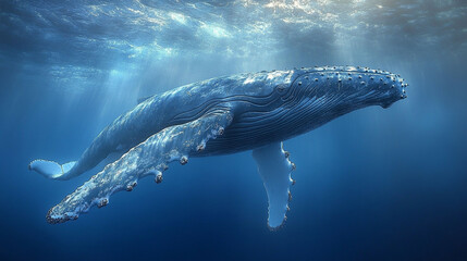 Humpback whale swimming gracefully in the deep ocean, sunlight beams through the water.