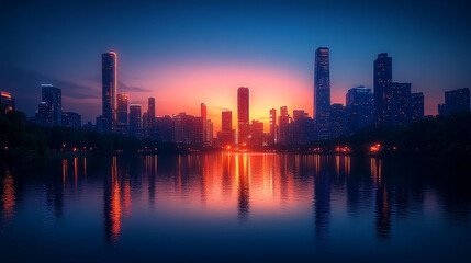 Fototapeta premium City skyline at sunrise reflected in a calm lake.