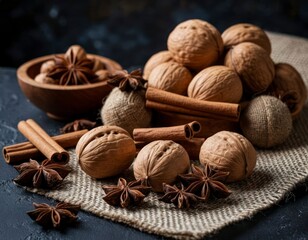 Rustic Still Life with Walnuts and Spices