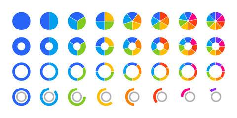 Set of colorful pie and donut chart icons in various styles and segments, perfect for infographics, data visualization, or UI design.