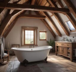 Luxurious clawfoot tub, exposed beams, attic bathroom, attic, interior, white
