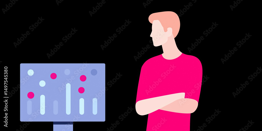 Poster young man observing data visualization on screen with colorful graphics and modern design elements s