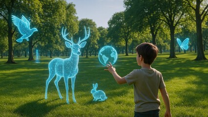 Child interacts with holographic projections of a deer, rabbit, bird, butterfly, and planet earth, showcasing the potential of augmented reality in environmental education and conservation
