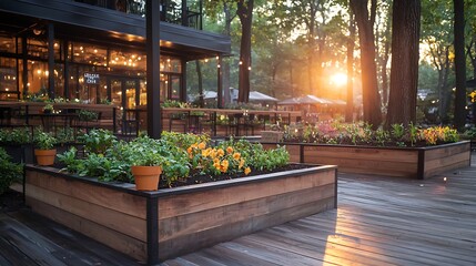 Obraz premium Serene garden planters at sunset in a cozy outdoor café