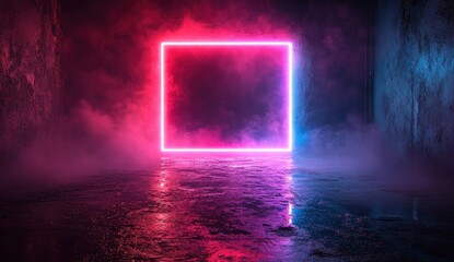 Neon square light in a smoky, dark room