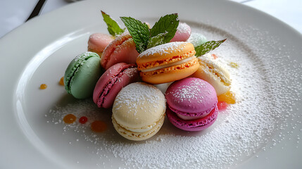 Colorful Macarons with Mint Garnish