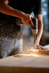 carpenter using electric drill on thick wood, sawdust flying, mid-action shot