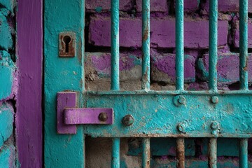 Colorful urban gate with lock set against a textured brick wall in vibrant shades of turquoise and purple