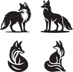Black and White Stylized Fox Silhouettes in Various Poses
