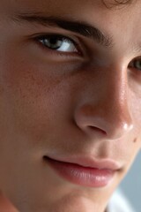 Naklejka premium close-up male face, soft focus, neutral background, slightly turned head