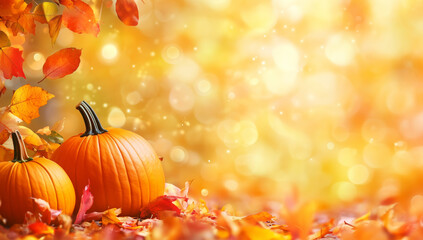 Autumn background with copy space featuring colorful fall foliage and pumpkins.