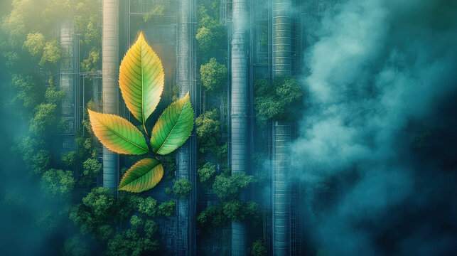 Withered leaves in a green forest affected by factory pollution. idea of earth day, conservation, sustainable environment, eco-friendly.