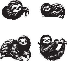 Black and White Sloth Silhouettes in Relaxed Poses