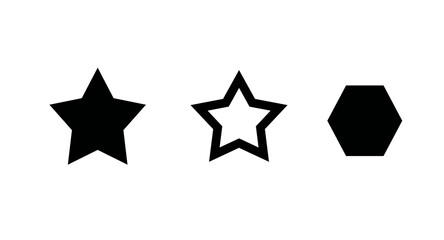 Three Black Geometric Shapes: Star, Star Outline, and Hexagon | Minimalist Graphic Elements for Design Projects and UI Icons
