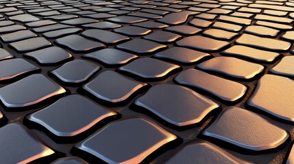 Obraz premium Wet Cobblestone Pavement at Sunset Golden Light Reflecting on Dark Gray Stones