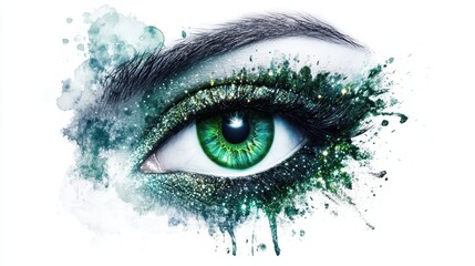 Close-up of a green eye with glittering makeup, surrounded by paint splatters. Use this captivating image for beauty, fashion, or creative projects.
