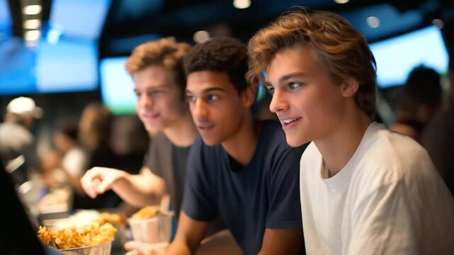 Friends enjoying fast food at a lively counter